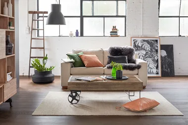 Cozy living room with beige sofa, colorful cushions, wooden coffee table, plants, artwork, and loft-style windows.