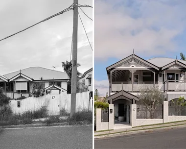 A split screen image. On the left, in black and white, is the exterior of a Queenslander style home. On the right, in colour, is the same home after a significant renovation and extension.