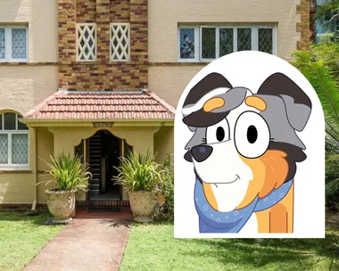 Bluey character Calypso voice actor Meg Washington selling home - pic of exterior with animated dog