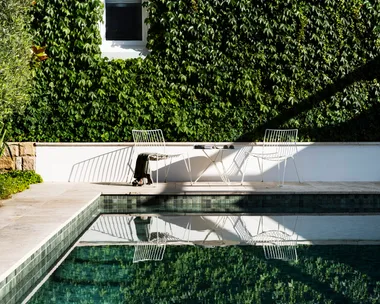 A rectangular swimming pool, surrounded by large stone pavers with a wall covered in Boston ivy in the background.