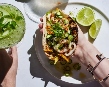 Calamari tortillas with zucchini pico de gallo