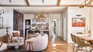 Californian bungalow renovation living and dining room with chevron oak floors and calacatta viola marble