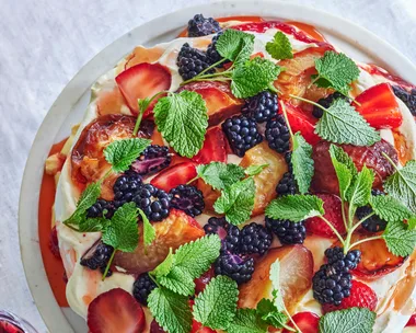 Pavlova with seasonal berries on top at Chiswick restaurant