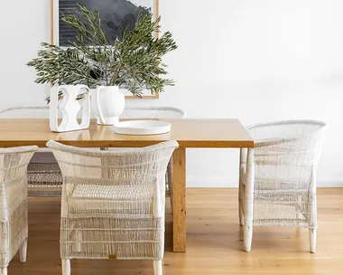 coastal style white dining room wicker chairs