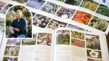 Open garden books with plant photos, inset of man in blue shirt seated in a garden setting.