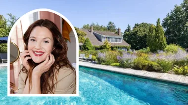 Drew Barrymore Hamptons home with image of Drew inset