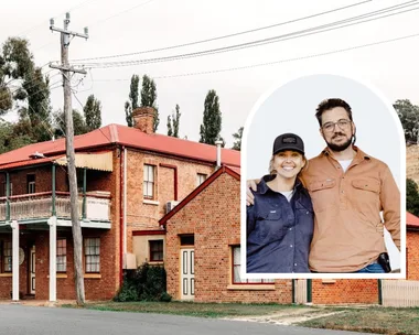 Edwina Bartholomew and Neil Varcoar inset with exterior of Carcoar hotel Saltash Farm