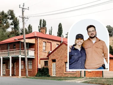Edwina Bartholomew and Neil Varcoar inset with exterior of Carcoar hotel Saltash Farm