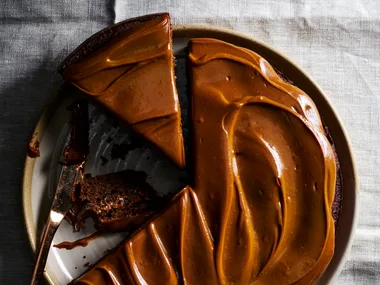 Flourless coffee, date and hazelnut cake with coffee butterscotch