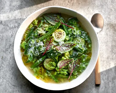 Green minestrone soup with dumplings.