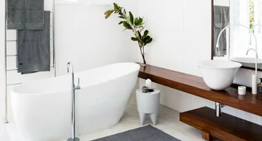 Modern bathroom with freestanding tub, vessel sink on wood counter, gray towels, and plant decor.