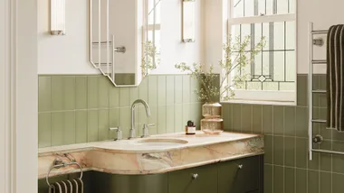 Phoenix Tapware, Wiltern Collection featured in green art deco bathroom