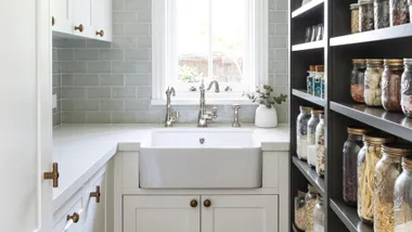 Butler's pantry with organised open shelving on the right hand side.