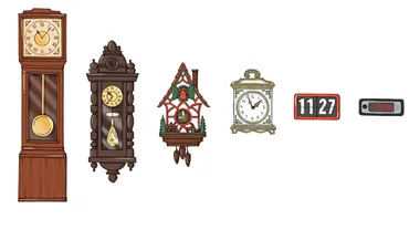 Illustration of six different clocks including grandfather and cuckoo styles, alongside analog and digital versions.
