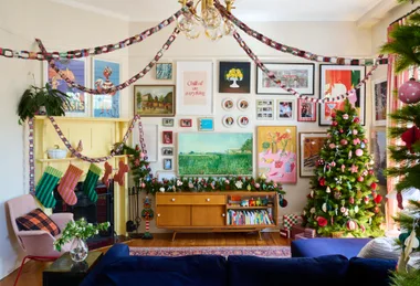 Jess Nguyen's living room decorated at Christmas.