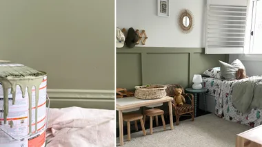 kids bedroom makeover with painted olive green wainscoting