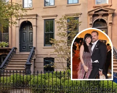 Exterior shot of a Brooklyn, New York brownstone town house. An image of Lily Allen and David Harbour is positioned on top and to the side in an arch.