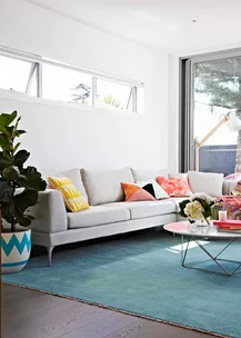 Bright living room with a gray sofa, colorful cushions, a blue rug, leafy plant, and a round coffee table.