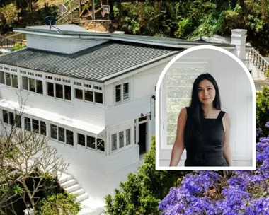 Magazine editor Justine Cullen Palm Beach home for sale exterior with Justine inset