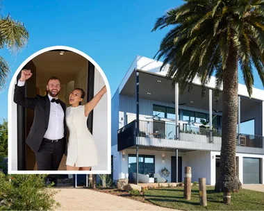 Mimi and Kristian at The Block 2024 auction and with their house facade