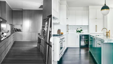 A dated kitchen renovated in British Colonial style.