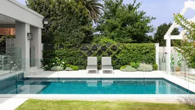 Modern backyard with a glass-fenced pool, two lounge chairs, and lush green plants.