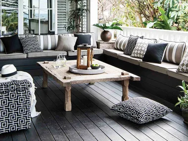 outdoor coffee table with banquette seating