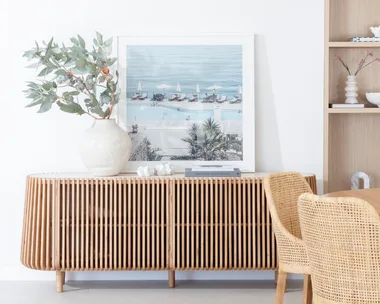 Pila American Oak timber buffet sideboard with slatted finish measuring 200cm with Italian Travertine top