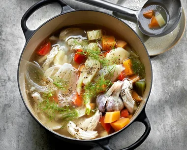 Whole poached chicken soup.