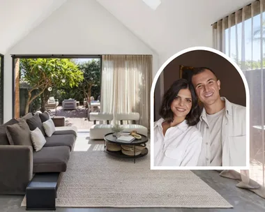 Steph and Gian on open plan design couple inset with their Bexley project living room