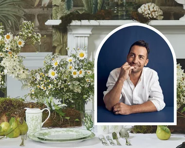 Table setting with flowers and Steve Cordony headshot