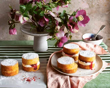 Strawberry and rhubarb jam victoria sponges