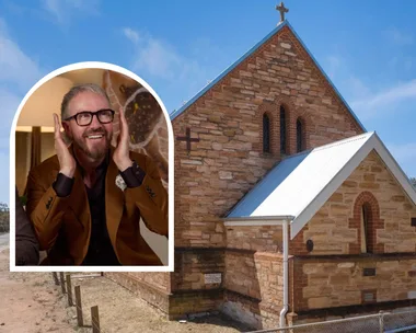 The Block contestant Mat inset with South Australia church