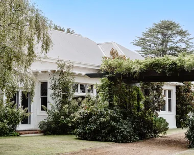 The exterior of a white homestead with lush greenery.