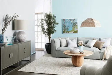 Living room with light blue walls, gray sofa, round wood table, modern decor, plants, and large window.
