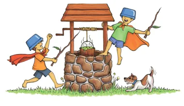 Kids play with sticks near a stone well, wearing capes and bucket hats, while a dog watches.