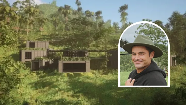 Zac Efron inset with a picture of his home render in Australia
