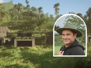 Zac Efron inset with a picture of his home render in Australia