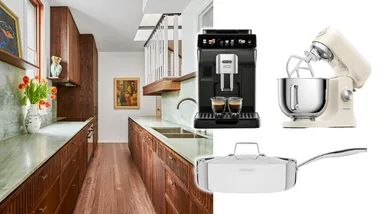 A sale stand mixer, coffee machine and pan from Amazon Prime Big Deal Days sale overlay an image of a kitchen with wood and sage details