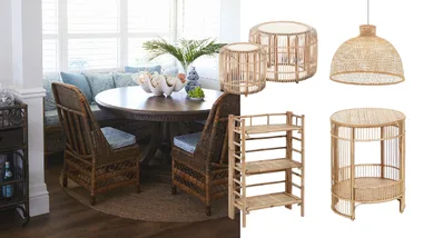 An image of bamboo furniture with four products from our list of best bamboo furniture collaged on the right