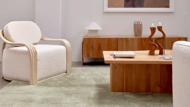 a modern living room with a green carpet ru and wooden furniture
