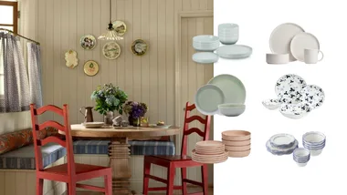 Collage-style cover image. Pictured on the left, a cottage inspired dining room with red wooden chairs and charming farm style decor. Pictured on the right is a selection of six of the best dinnerware sets for sale in 2025