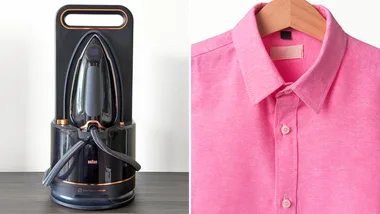 the care 9 steam generator iron by braun on a table in left image, bright pink button down on a hanger on right image