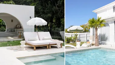 Two sun loungers beside a pool with a white beach umbrella from two angles