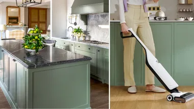 Left image green kitchen, right image roborock vacuum mop cleaning kitchen floors