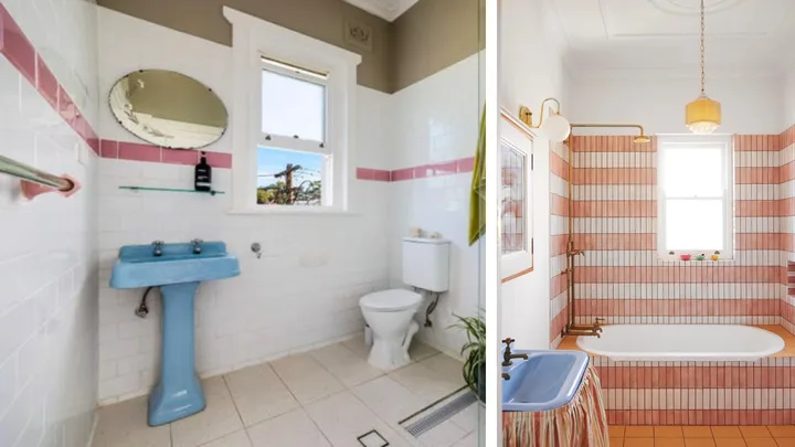 chloe brookman's bathroom renovation before and after pictures with pink tiles and blue pedestal sink