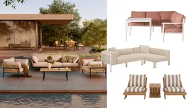 Split image with a poolside outdoor lounge set from Castlery on the left and three of our best outdoor lounge furniture selections from Early Settler, MCM House and Freedom on the right