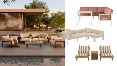Split image with a poolside outdoor lounge set from Castlery on the left and three of our best outdoor lounge furniture selections from Early Settler, MCM House and Freedom on the right