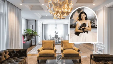 Formal living room in Nicole Gazal O'Neil's house with an inset portrait of Nicole and her dog.