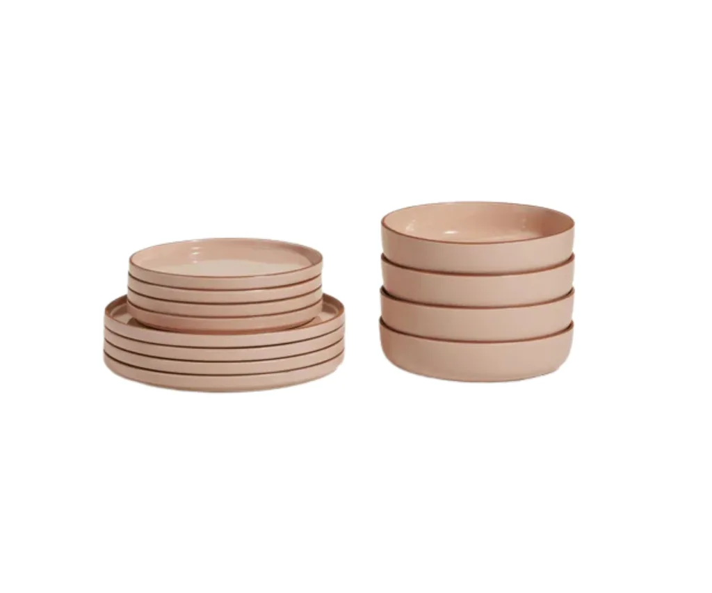Product shot of Our Place Stacking Starter Set, a 12-piece dinnerware set in a warm blush colour, ranked our best dinnerware set for everyday use